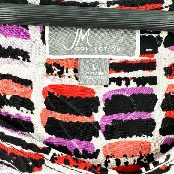 JM Collection Sz Large Black White Red Stretchy 3/4 Sleeve Blouse Shirt Top - Picture 2 of 7